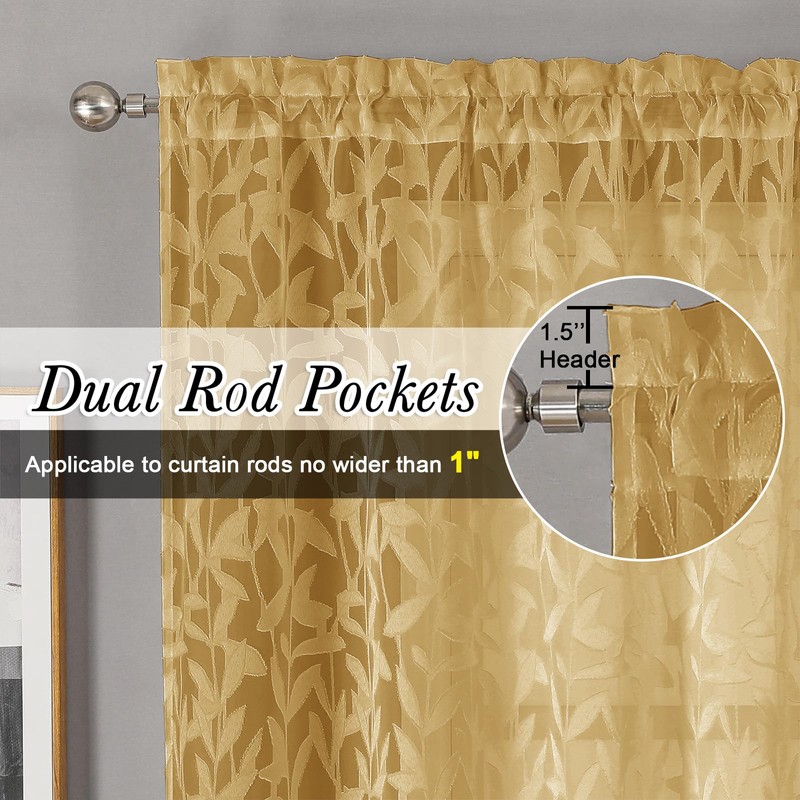 Lecloud Leia Dark Gold Sheer Valance for Windows 14 Inch