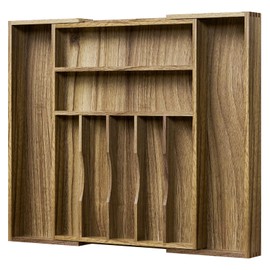 Kiasthome Acacia Wood Kitchen Silverware Drawer Organizer, Expandable Utensil Cutlery Drawer Organizer with Dividers, Flatware Organizer Silverware Tray for Spoon, Fork, 13''-20''x16.9'' (7-9 Slots)