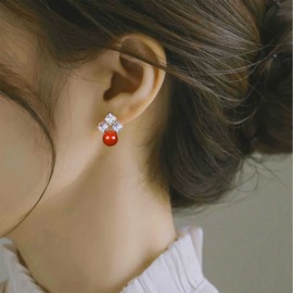 Allereya Vintage Red Pearl Earrings Crystal Square Earrings Red Pearl Drop Earrings Geometric Rhinestone Stud Earrings Jewellery for Women and Girls (White)