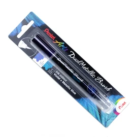 Pentel XGFH-DVX Dual Metallic Brush Pen, depending on Paper Colour, filled with Iridescent Glitter Ink, Nylon Fibres, Fine to Wide Stroke, Purple/Metallic Blue, Pack of 1 in Blister Pack