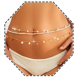 Zehope African Beaded Waist Chian Gold Sequin Belly Chains Layered Beach Pearl Body Chain for Women