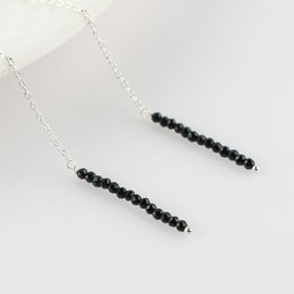 Thecraftman Natural Black Tourmaline Earrings, Dainty Threader Pair, Natural Gemstone Beads, Birthstone Crystal, Gift for Women, Energy Healing Crystals Jewelry in Silver Plated (Black Tourmaline)