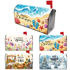 Papiailove 4pcs Hello Spring Summer Autumn Winter Mailbox Covers Magnetic Standard Size 18" X 21" Holiday Flower Beach Pumpkin Snowman Mailbox Wraps for Garden Yard Home Outside Decor