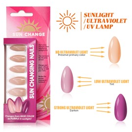 Almond Press On Nails with Color change when exposed to light design Medium Reusable False Nails Colour Changing Fake Nail with Glue (C, Almond)