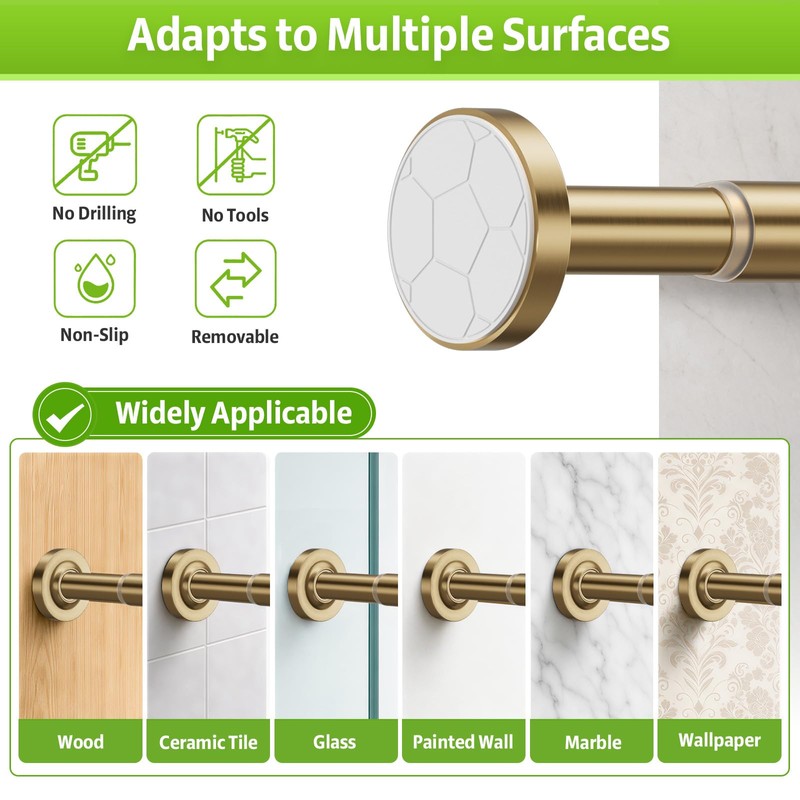 One-Piece Tension Curtain Rod 54-90 inch Brushed Gold Shower Curtain