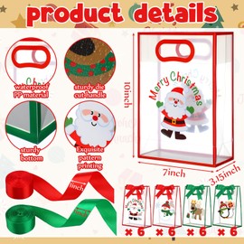 Gersoniel 24 Pack Clear Gift Bags with Handles Small Reusable Plastic Party Gift Bags with Ribbons Transparent PVC Tote Santa Snowman Printed for Birthday Wedding Bridal Party, 7 x 10 x 3.15 Inch