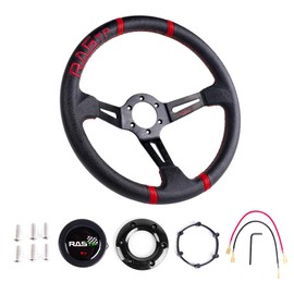 RASTP Universal Racing Steering Wheel,Deep Dish Steering Wheel Leather Embroidery 13.58”/345mm 6 Bolts with Horn Button Include Cable, Wrench,Black