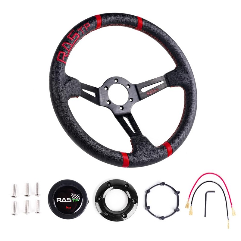 RASTP Universal Racing Steering Wheel,Deep Dish Steering Wheel Leather Embroidery