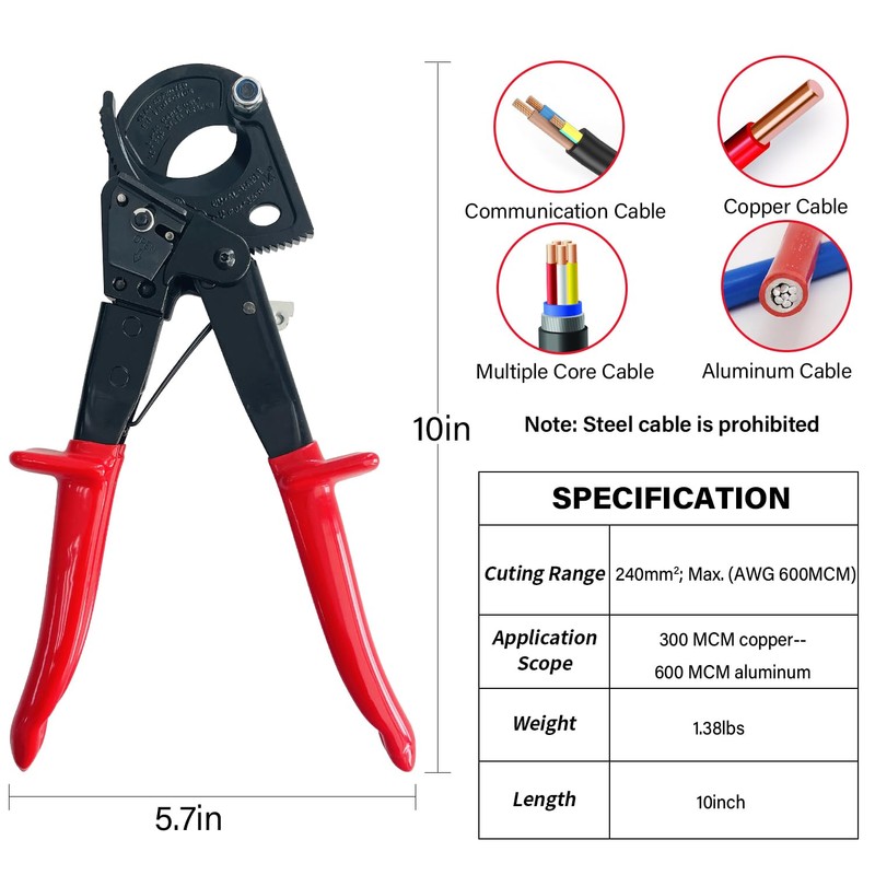 Socpuro Heavy Duty Ratchet Cable Cutter, Aluminum Copper Wire Up