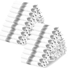 Silver Plastic Silverware with Napkins - 100 Pack Premium Disposable Silver Plastic Cutlery Set, Pre Wrapped Plastic Utensils with 100 Forks, 100 Knives, 100 Spoons, 100 Napkins for Wedding Party