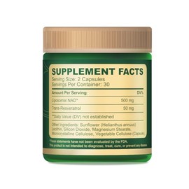 Suplemento liposomal NAD+ 500 mg con NAD Trans-resveratrol 50 mg - Energía celular y apoyo mitocondrial - Envejecimiento saludable y apoyo antioxidant