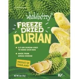 Wholeberry Freeze Dried Durian 2oz Freeze Dried Fruit Snack Perfect for Smoothies, Baking, Yogurt & Tea - 100% Natural Ripe Fruit from Thailand, No Sugar Added - Pack of 2