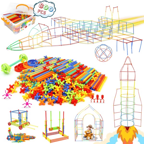 Straw Constructor Toys STEM Building Toys 800Pcs Toys for 3+ Year Interlocking Plastic Toys Engineering Toys Thin Tube Blocks Toy Educational Toy Kit for Indoor&Outdoor Kids Toys Boys and Girls Gift