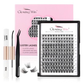 Glowing Win Individual Lashes DIY Lash Extensions Kit with Lash Bond&Seal and Tweezers 144PCS Cluster Lashes Set Reusable False Eyelash Extensions Natural Look Mix 8-16mm C D Curl Strip Eye Lashes
