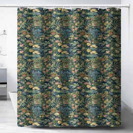 William Morris Flower Shower Curtain, Watercolor Vintage Flower Art Style Bathroom Privacy, Green Bohemian Chic Floral Print, 66x72In, Waterproof