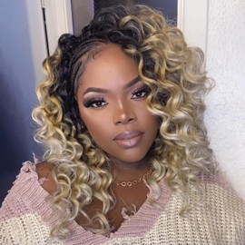 ToyoTree Ocean Wave Crochet Hair - 14 Inch 8 Packs 3 Tones Ombre Blonde Mid-Length Curly Deep Wave Crochet Hair, Synthetic Ocean Wave Braiding Hair Extensions (14 Inch,OT27/613-8P)