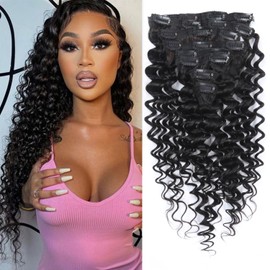 Curly Clip-In Hair Extensions, Real Hair, 100 g, Deep Wavy Clip Ins, Full Head, Brazilian Remy Real Hair for Women, Natural Black #1B Double Weft, 8 Pieces with 20 Clips, 35 cm / 14 Inches