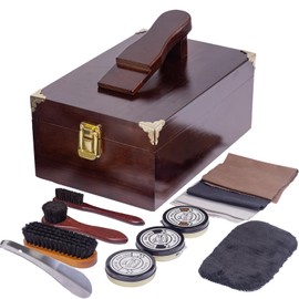 10 Pcs Deluxe Shoe Shine Box Set & Shoe Care Polish Kit with Foot Rest, Wooden Care Tools Storage Box Perfect for Multi- Leather Shoes