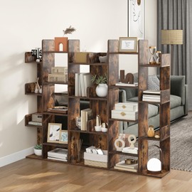 Giantex 7-Cube Tree Bookshelf of 2, 55.5" Wooden Bookcase with 13 Open Shelves, Tall Corner Books Storage Organizer, Freestanding Decorative Display Cube Shelf for Living Room, Study, Rustic Brown