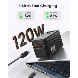 LENCENT International Travel Adapter, 120W GaN Universal Fast Charger with 3 PD3.0 Type C+1 QC USB A, All in One Power Adaptor for iPhones,Laptops, Worldwide Plug Adapter for EU/USA/UK/AU, Black