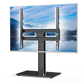 KMFurnila Universal TV Mount Stand Table Top TV Stand with Tempered Glass Base for 26-55 Inch TVs Max VESA 400x400mm Holds up to 99 LBs