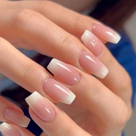 QISANKEE French Tip Nails Press on Nails Coffin Fake Nails，False Nails With Designs Pink French Tip Nails Artificial Nails Stick on Nails For Women Girls 24 PCS/Set