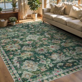 6x9 Area Rugs for Living Room: Washable Boho Vintage Floral Rug Soft Indoor Floor Non-Slip Carpet for Bedroom, Dining Room, Nursery, Office (Green, 6'x9')