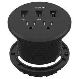 LIDER PD 65W GaN Technology Desktop Power Grommet, Power Delivery, USB-A and 2 USB-C Ports, Tamper-Resistant Receptacles, Self-Close Cover, Desk Charging Station, Black, 6.5ft Cord, ETL Listed