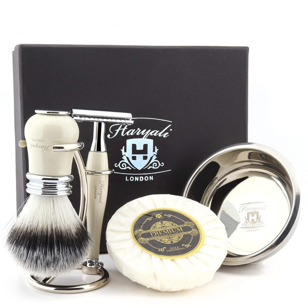 Haryali London Mens Shaving Kit with Double Edge Safety Razor, Synthetic Badger Hair Shaving Brush, Stand, Soap and Bowl Perfect Set for Men