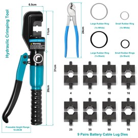 Brileine 10 Tons Hydraulic Crimping Tool, Hydraulic Crimper for 12 AWG to 2/0 AWG Battery Cable,1/16" 1/8" 3/16" Stainless Steel Cable, Battery Cable Crimper Tool with Cable Cutter & 9 Dies