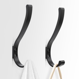 KFHENSOMR 2pcs Large Wall Hooks for Hanging Heavy Duty, Black Metal Hat Purse Hook for Wall, Screw in Hook, Arc Double Coat Hanger for Hanging Towels, Backpacks, Hats, Jackets, Keys, Dog Leashes