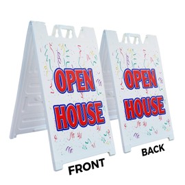 A-Frame Sidewalk Open House 24" x 36" Double Sided A-Frame Sidewalk Sign, Includes 2 Installed Vinyl Decals | Foldable Portable White Signicade Sandwich Board Signs