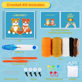Kit de ganchillo de animales para principiantes, kit de ganchillo de gato café y naranja con tutoriales en video paso a paso, kit de ganchillo para principiantes para adultos y niños, kit de tejer