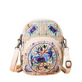 Canvas Crossbody Bag Cell phone Pouch Coin Purse for Women OR Girls Embroidery (HX15-purple flower)