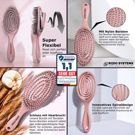 RI|DO SYSTEMS Organic Wheat Straw Hair Brush without Pulling for Women, Men & Children, Hair Brush, Detangling Brush, Anti-Brush, Paddle Hair Brush, Hair Brush, for Long, Thick or Curly Hair (Rose)