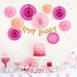 SUNBEAUTY Pack of 12 Pink Birthday Decoration Set with Pink Paper Fans Pompom Paper Lanterns Happy Birthday Banner for Spring Summer Decoration Party Decoration