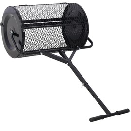 24" Compost Spreader and Peat Moss Spreader, Behind Roller Lawn Spreader with Height Adjustable T Shaped Handle, Steel Mesh Basket Garden Spreader for Spreading Manure Topsoil, Heavy Duty Black