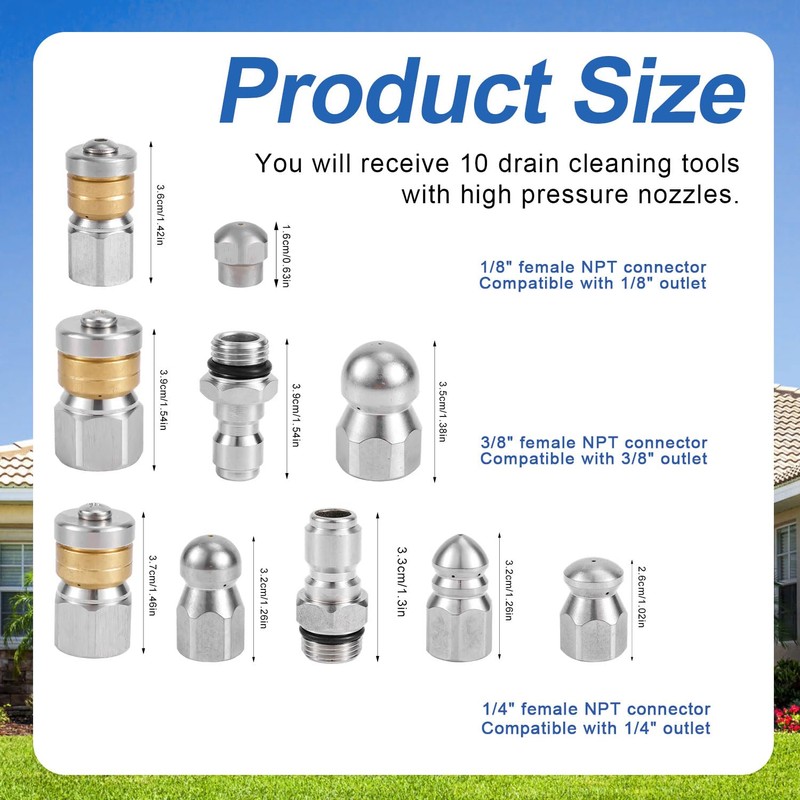 10pcs Sewer Jetter Nozzle Kit - Stainless Steel, 1/4" &