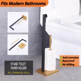 GERZWY Free Standing Toilet Paper Holder, SUS 304 Stainless Steel Toilet Paper Stand with Reserve (Black & Gold) DZY004-BD