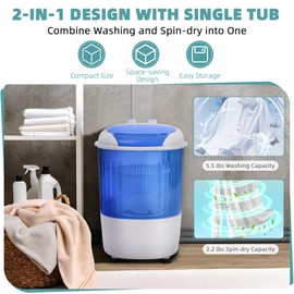 Aurorafy Portable Washing Machine with Spin Dryer, 5.5 lbs Washers Capacity, Compact Laundry for Home, Apartment, RV, Blue & White