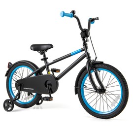 BABY JOY Kids Bike, 18 Inch Sport Style Children's Bicycle with Vivid Color, Training Wheels, Adjustable Handlebar & Saddle, Handbrake & Coaster Brake, Boys Girls Bike for 4-8 Years Old (Black & Blue)