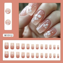 24Pcs Medium Coffin Fake Nails Ice Pink Flower French Tip Medium Press On Nails Coffin with Designs Full Cover Glossy False Nails,Acrylic Thick Glue on Nails, Stick on Nails For Women Daily Events W1912
