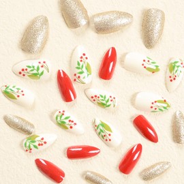 24Pcs Almond Press on Nails Christmas Medium Fake Nails Red Acrylic Nails Golden Powder Powder Stick on Nails Full Cover False Nails with Designs Winter Xmas Nail Art Decorations for Women Girls