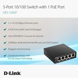 D-Link Ethernet PoE Switch, 5 Port Unmanaged with 4 PoE Ports Fanless Desktop or Wall Mount Plug and Play (DES-1005P), Black