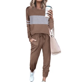 PRETTYGARDEN Women's Color Block 2 Piece Tracksuit Crewneck Long Sleeve Tops Long Sweatpants Outfits Lounge Sets, Dark Khaki, Medium
