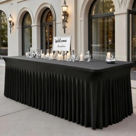2 Pack Black Spandex Fitted Tablecloth 6 Foot - Stretch Table Clothes for 6 FT Rectangle Table, Washable Ruffles Elastic for Weddings, Buffet, Banquet, Trade Craft Show, Party Celebration