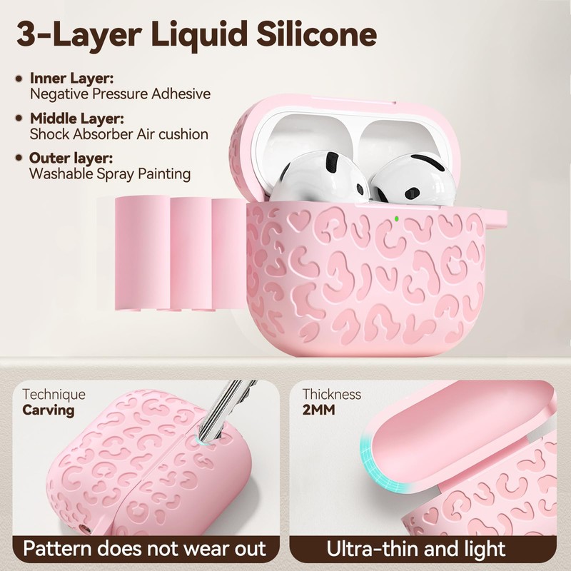 Wowwat for AirPods 4 Case Cover 2024 with Leopard Engraved,Pink