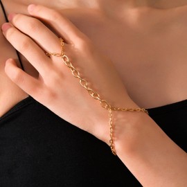 Xmsrn Vintage Finger Ring Bracelet Gold Paper Clip Chain Slave Bracelet Hand Chain Punk Wrist Chain Bracelet Gold Paper Clip Slave Hand Chain Bracelet For Women, Zinc, No gemstone