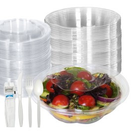 24oz Salad Bowls To-Go with Lids and Cutlery (100 Count) - Clear Plastic Disposable Salad Containers | Lunch, Salads, Fruits, Leak Proof, Airtight, Fresh, Meal Prep, Fork, | Rose Bowl Container (24oz)