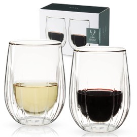 Viski Insulated Double Walled Wine Set with Cut Crystal Design-Dishwasher Safe Borosilicate Glass 13oz Set of 2, Clear